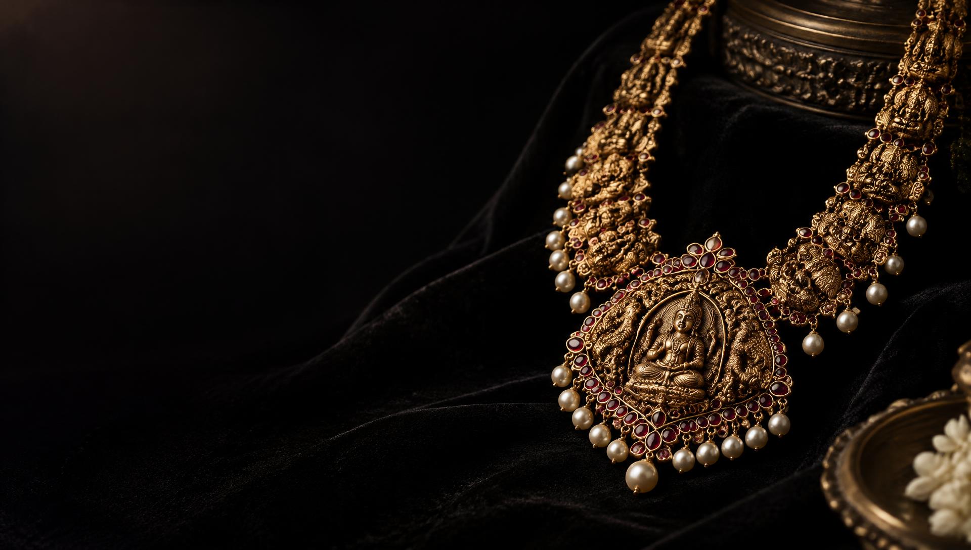 Antique temple gold necklace with rubies and pearls
